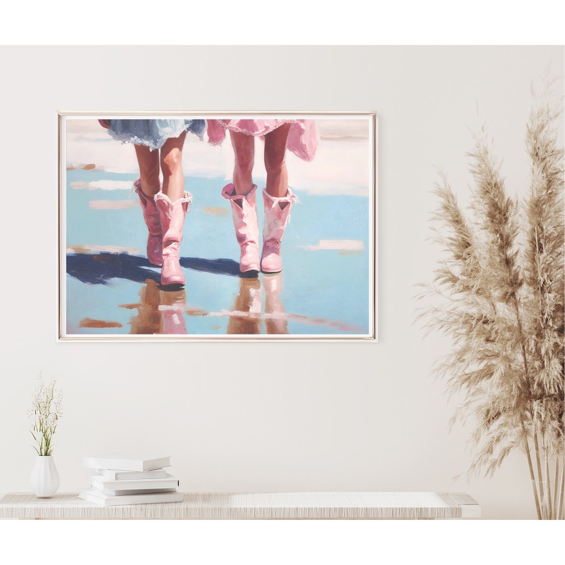 Two Cowgirls Pink Boots Reflecting On Blue Water Western Art Poster - Image 2