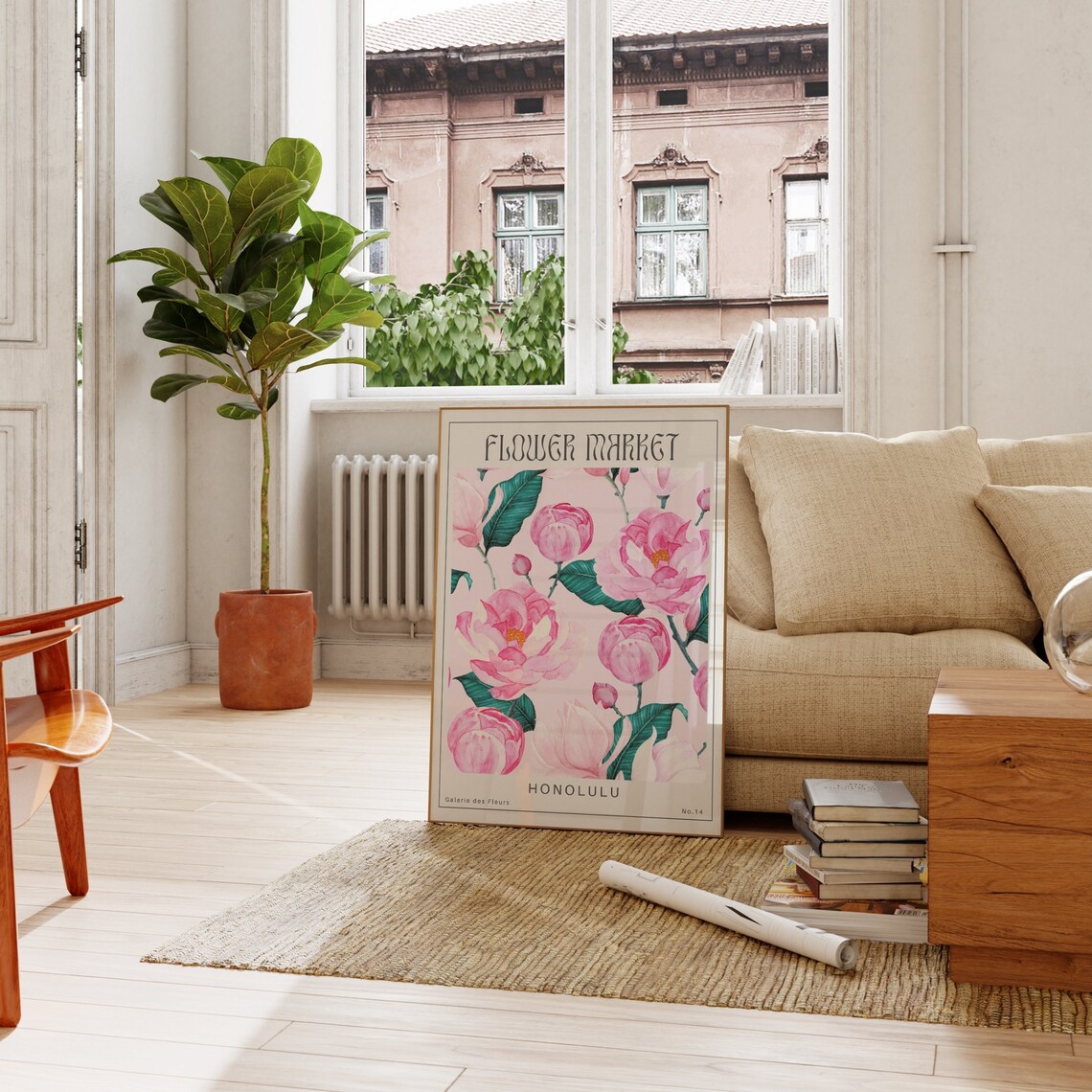 Honolulu Flower Market Pink Peony Botanical Watercolor Poster - Image 2