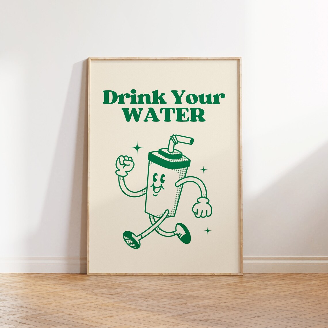 Drink Your Water Retro Green Water Cup Mascot Wellness Kitchen Poster