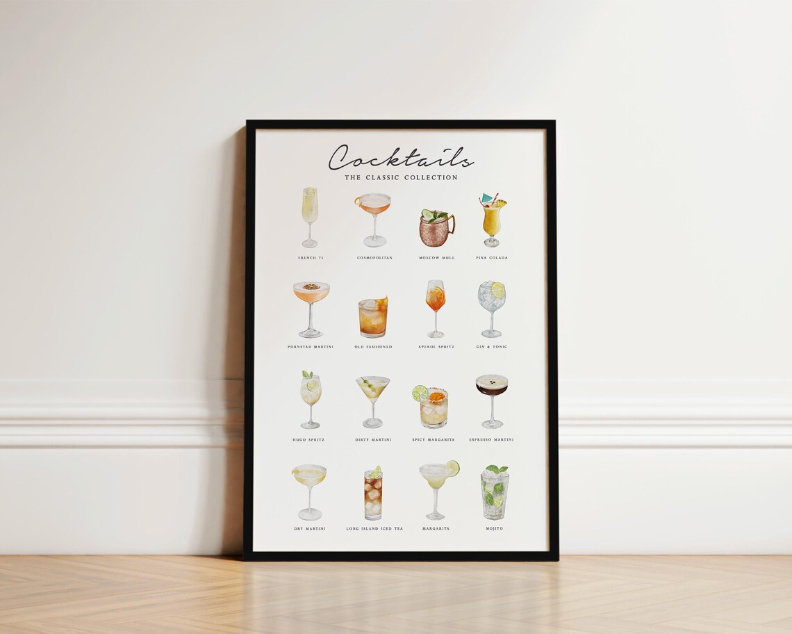 Classic Cocktail Collection Watercolour Poster for Kitchen Bar