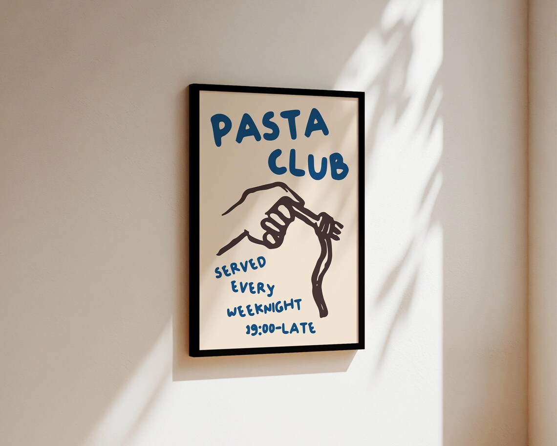 Pasta Club Kitchen Poster, Hand Drawn Blue Print - Image 3