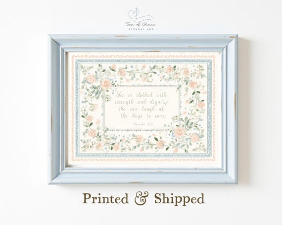Proverbs 3125 Pastel Wall Art She Is Clothed With Strength And Dignity Baby Girl Nursery Bible Verse Print Feminine Scripture