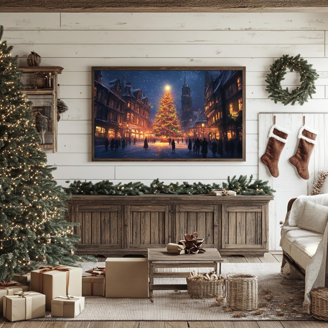 European Old Town Night Glowing Christmas Tree Church Art Print - Image 3