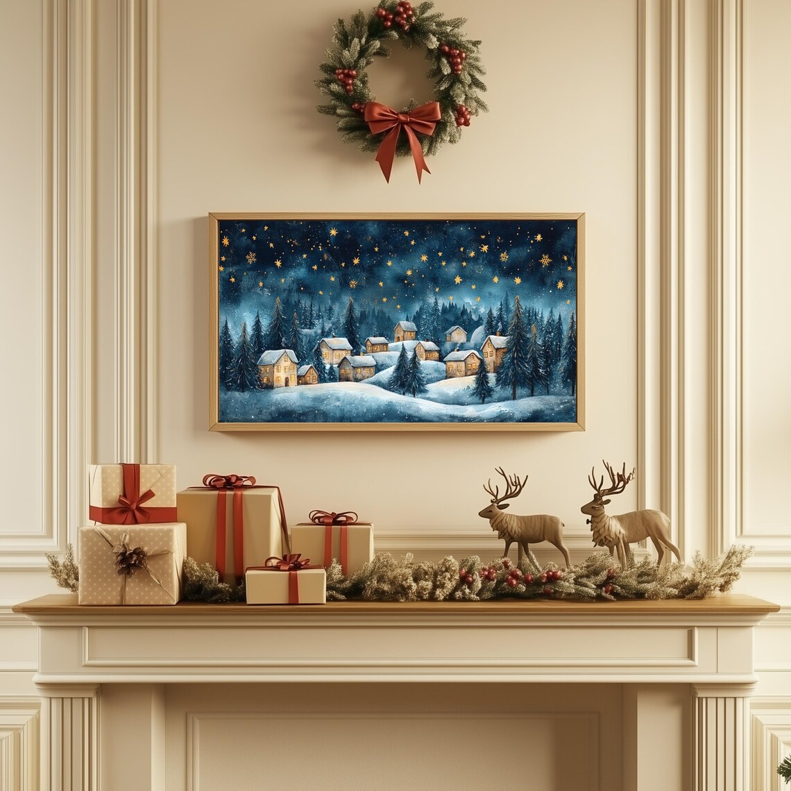Snowy Village Golden Star Night Sky Winter Watercolor Landscape Poster - Image 2