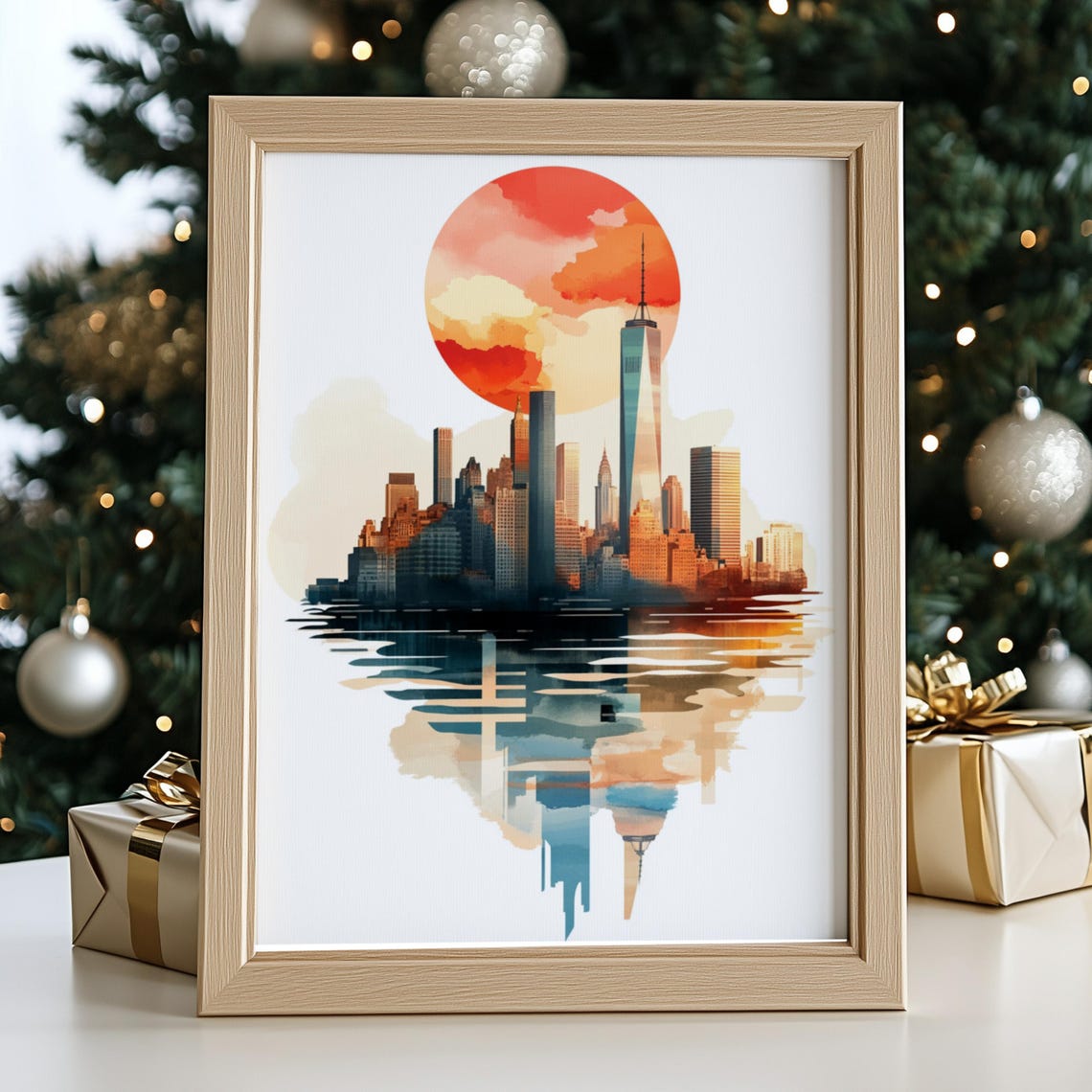 New York City Skyline Watercolor Sunset Sun Manhattan Wall Art Print - Image 2