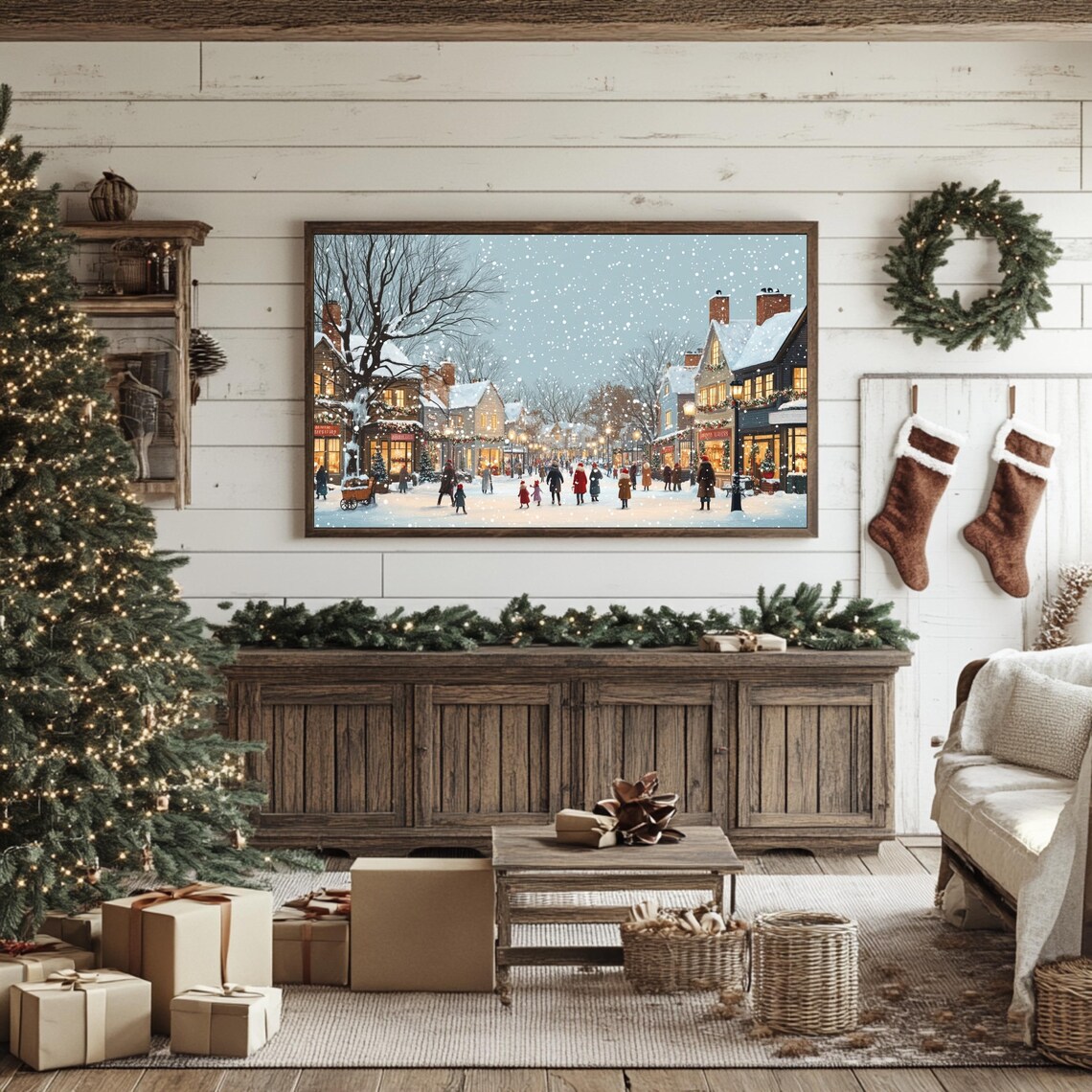 Snowy Small Town Christmas Street Shoppers Falling Snow Vintage Poster - Image 3
