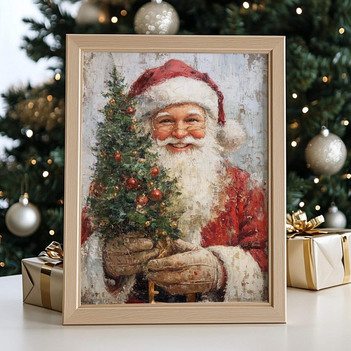 Smiling Santa Claus Holding Mini Christmas Tree Vintage Holiday Print - Image 2