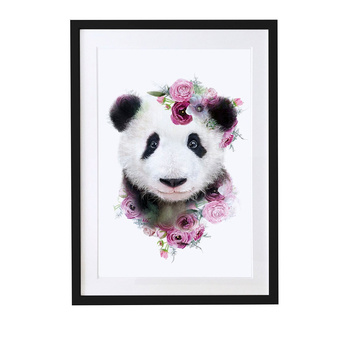Baby Panda Pink Rose Floral Crown Framed Nursery Kids Room Wall Art