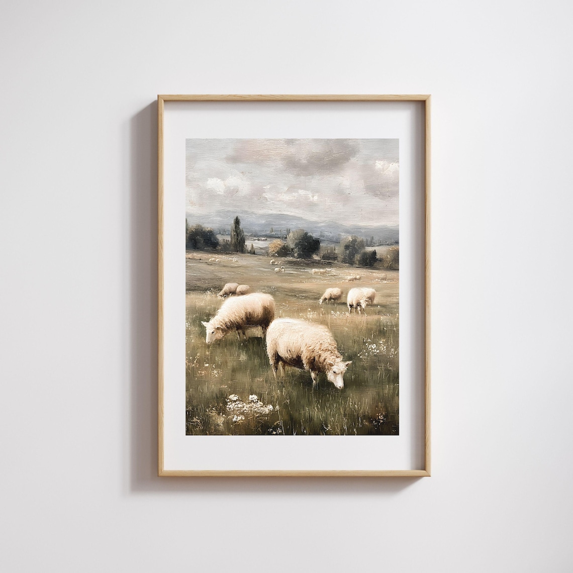 Sheep Grazing Pastoral Meadow Vintage Oil Painting Rustic Farmhouse Poster