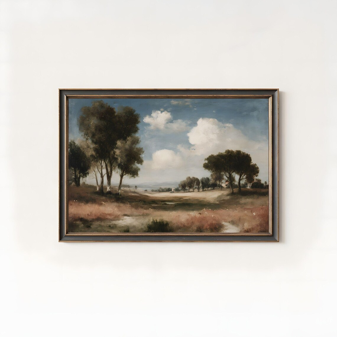 Vintage Countryside Meadow With Wildflowers Landscape Oil Poster