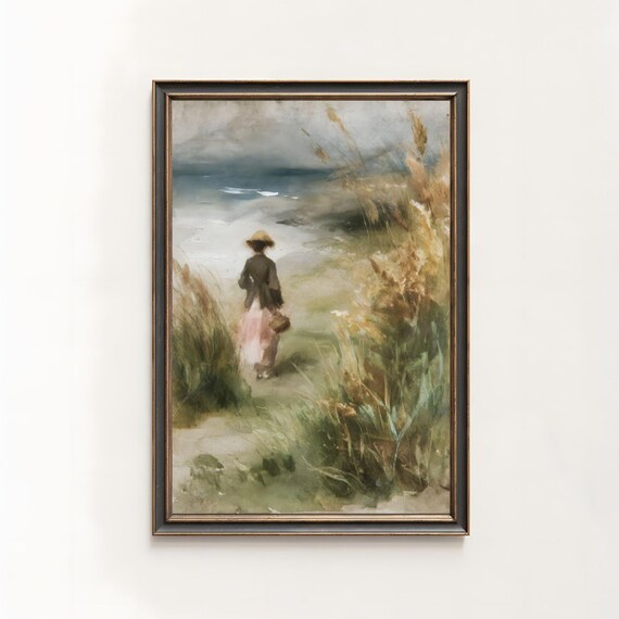 Moody Seaside Dune Figure Walking Vintage Coastal Watercolor Art Poster