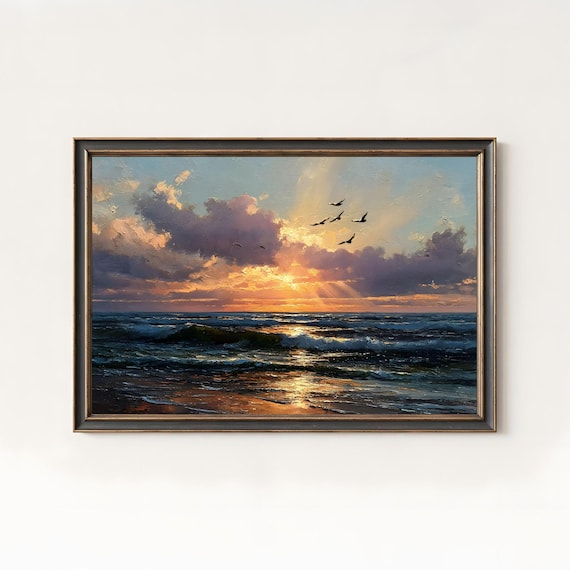 Ocean Sunset Oil Painting Dramatic Seaside Landscape Art Poster
