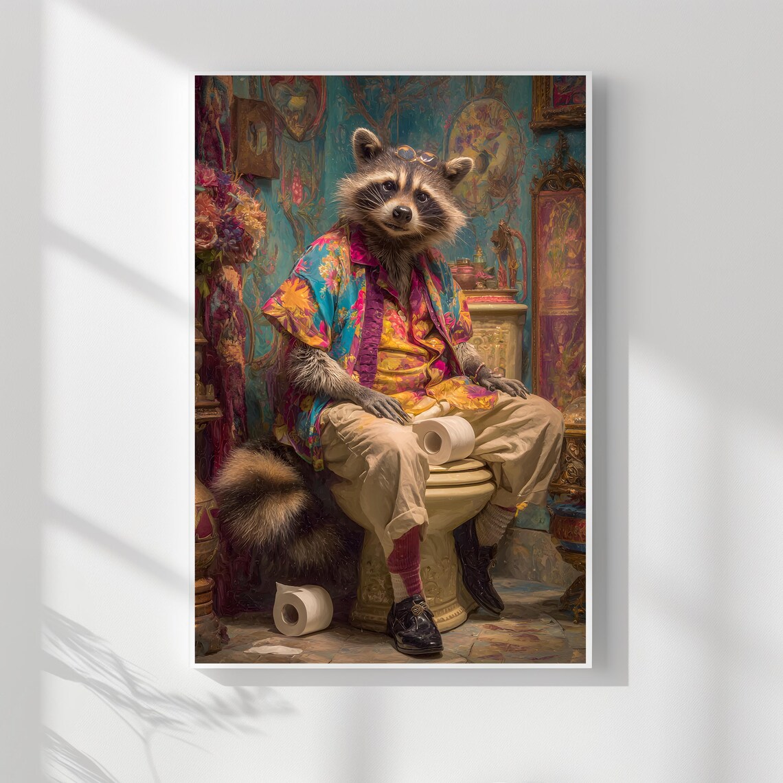 Quirky Raccoon In Hawaiian Shirt On Toilet Maximalist Colorful Bathroom Poster
