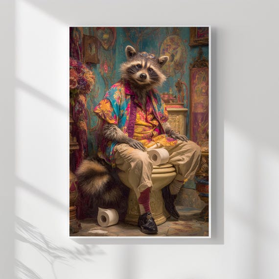 Quirky Raccoon On Toilet Print Maximalist Animal Portrait Art Colorful Vintage Bathroom Decor 149