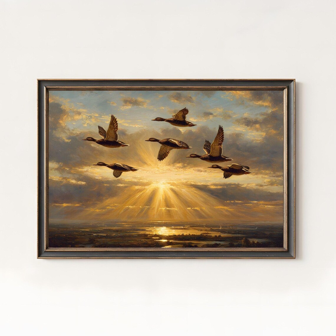 Ducks in Flight at Golden Sunrise Over Wetlands Oil Art Poster