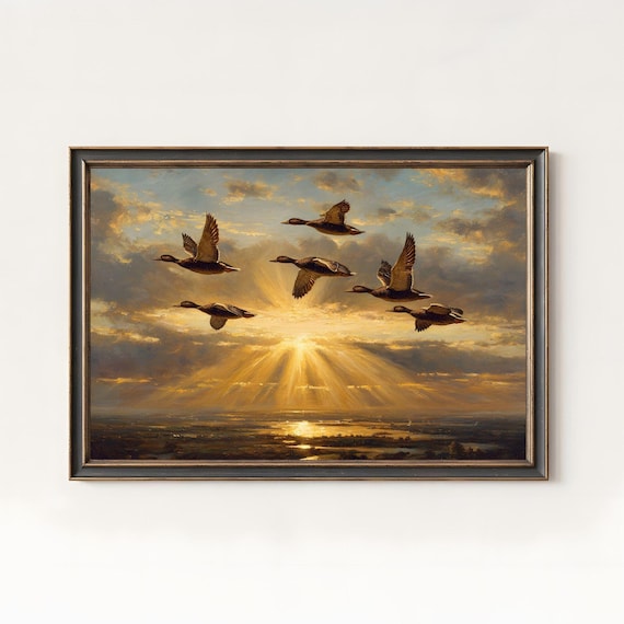Ducks in Flight at Golden Sunrise Over Wetlands Oil Art Poster