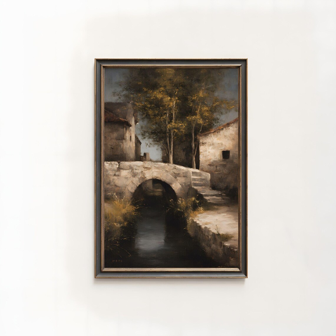 Old Stone Bridge Night Vintage Oil Painting Moody Canal Village Scene Poster