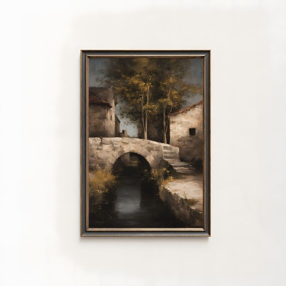 Rustic Fall Stone Bridge Landscape Oil Painting Vintage Farmhouse Art 238