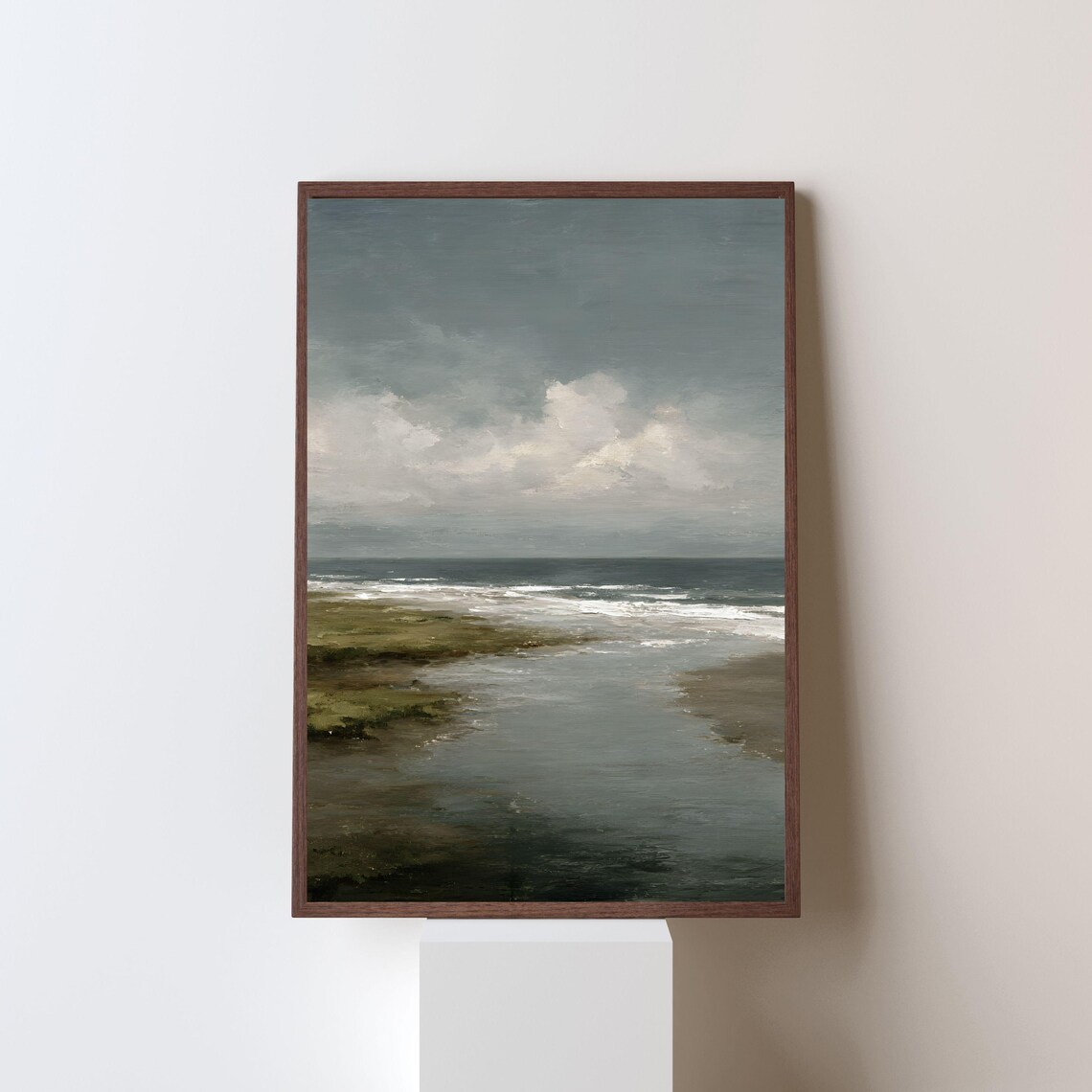 Moody Coastal Seascape Oil Painting Neutral Beach Waves Vintage Wall Poster
