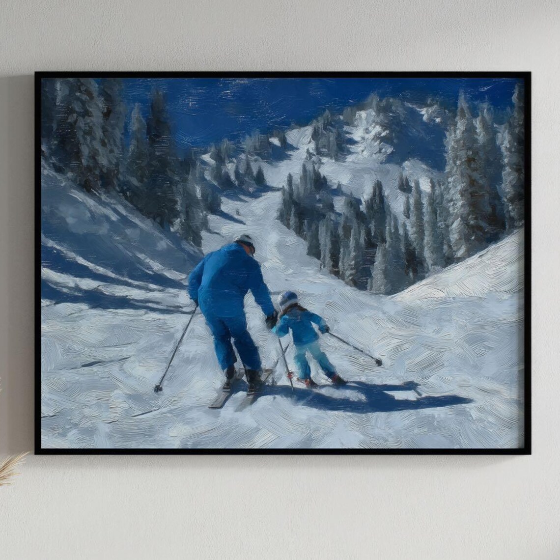 Father Teaching Child Skiing Snowy Mountain Slope Painting Poster