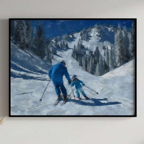 Father Teaching Child Skiing Snowy Mountain Slope Painting Poster