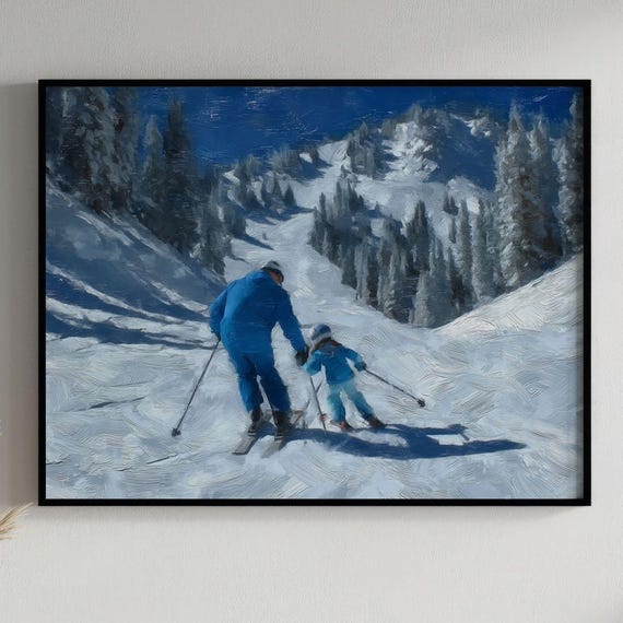 Skiing Family Print Vintage Winter Mountain Landscape