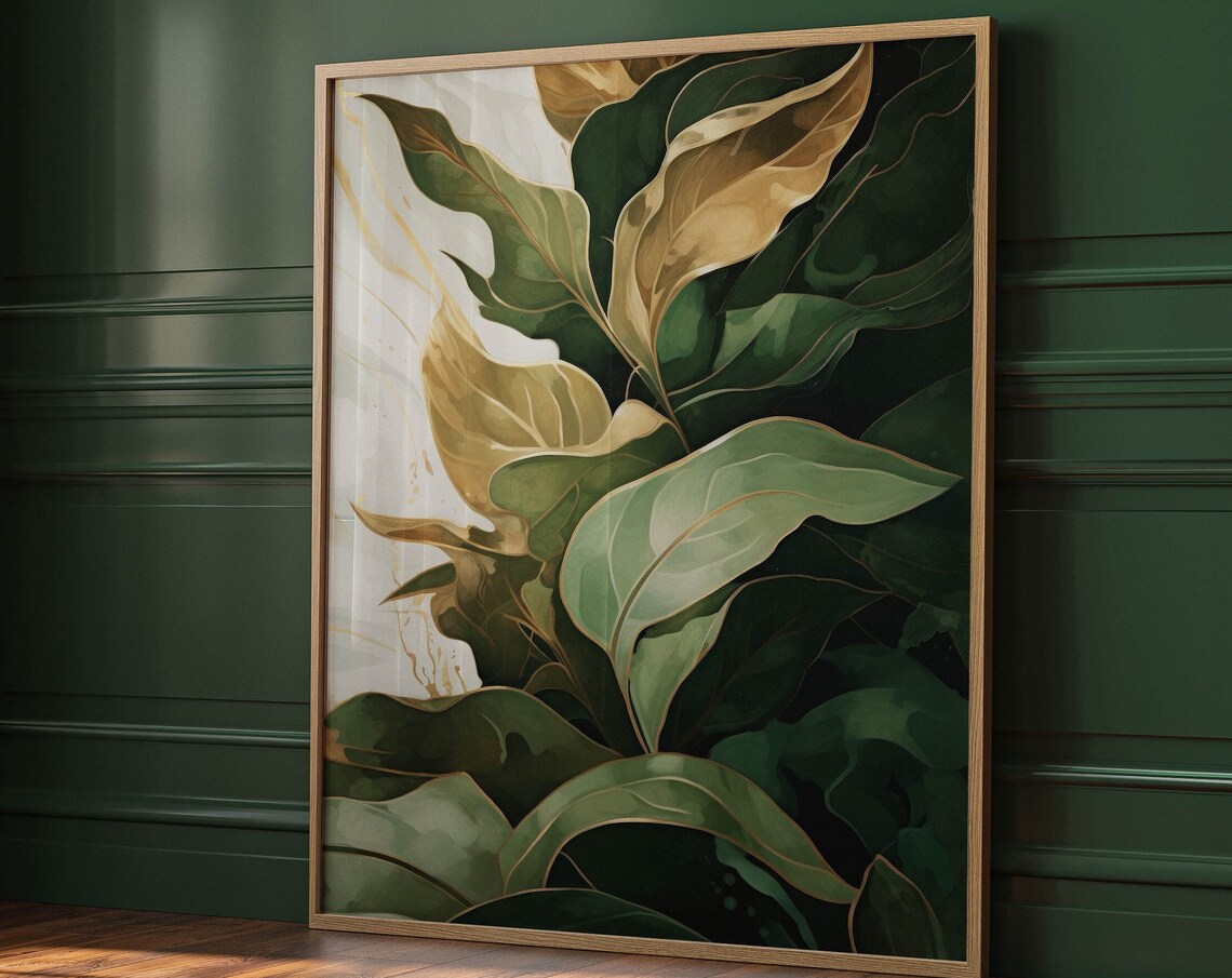 Emerald Gold Art Deco Tropical Leaves Botanical Painting Poster