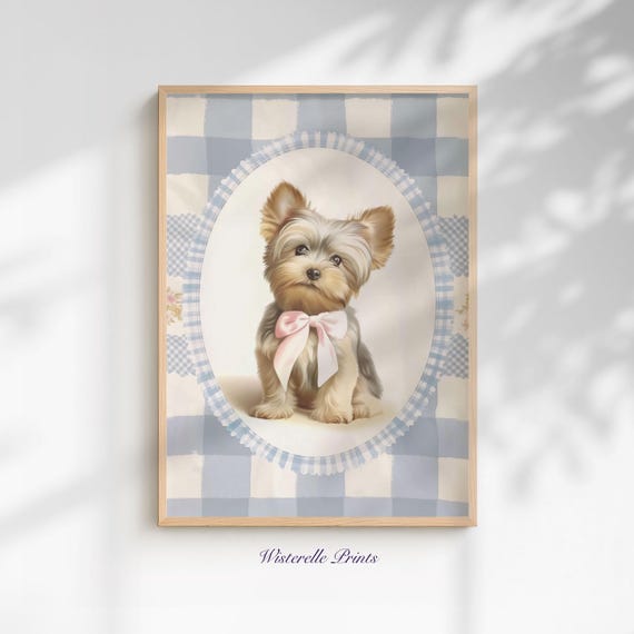 Yorkie Puppy Gingham Nursery Print Pastel Blue Boys Yorkshire Terrier Decor