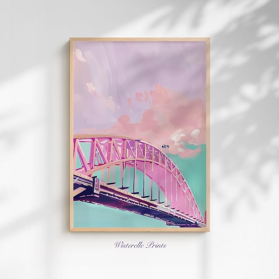Girly Sydney Harbour Wall Art Print Modern Pastel Cityscape Painting For Dorm Decor