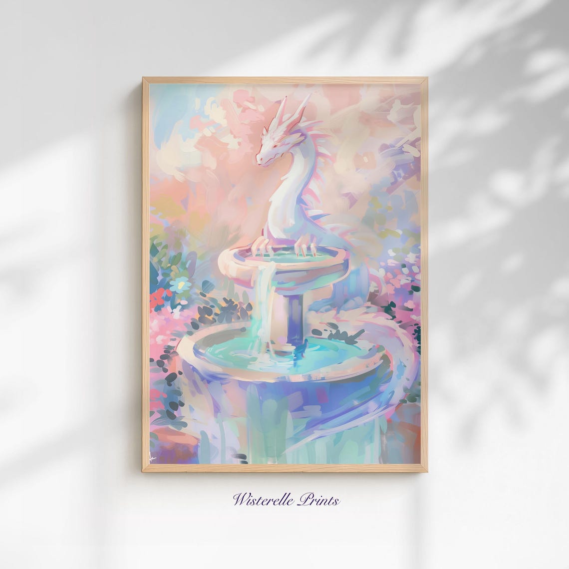 Dragon Pastel Pink Fountain Print Wall Art Fantasy Lover Gift Nursery Decor Dorm