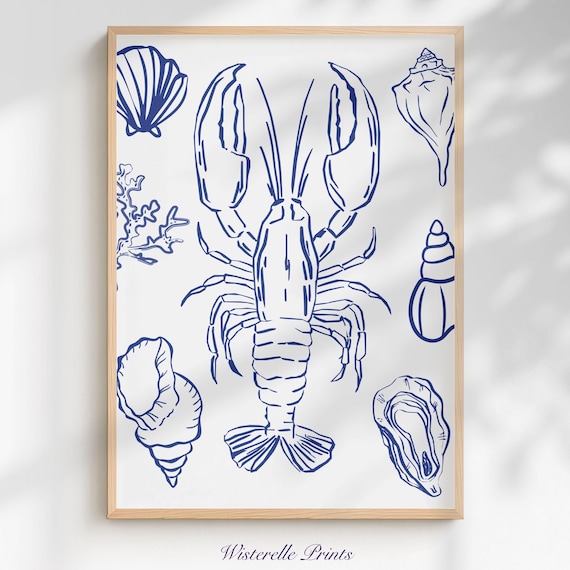 Blue Lobster Line Art Seashell Coastal Nautical Kitchen Poster