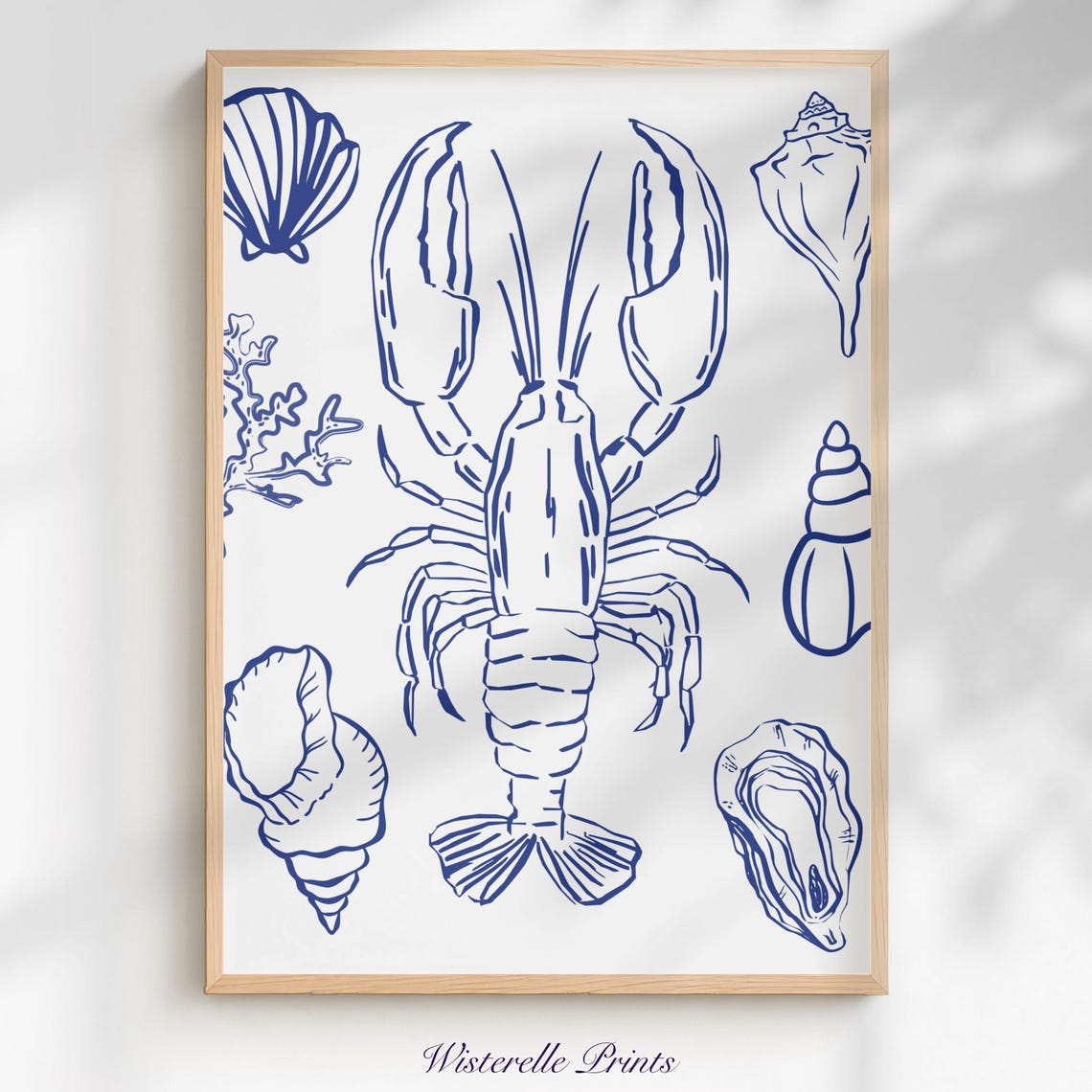 Blue Lobster Line Art Seashell Coastal Nautical Kitchen Poster