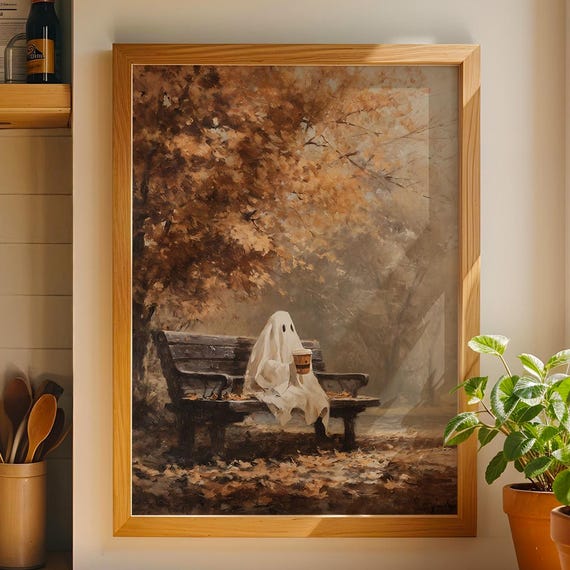 On Park Bench Autumn Wall Art Cozy Fall With Coffee Halloween In Earthy Tones