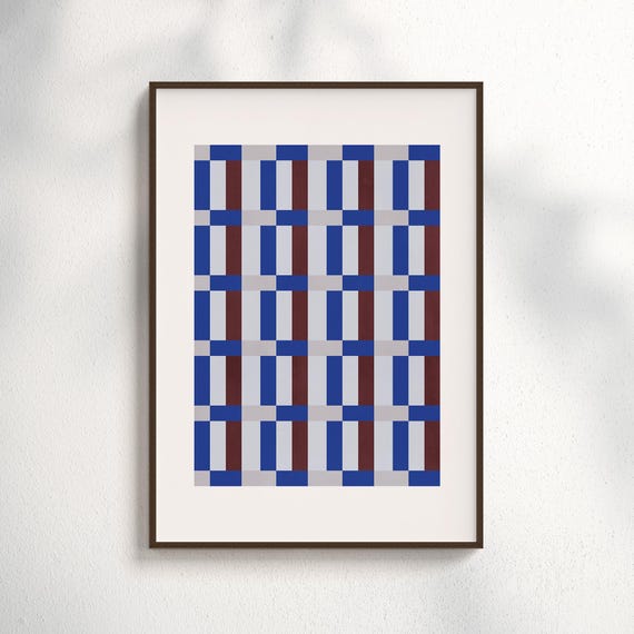 Geometric Checkered Art Print Modern Blue Red Grid Poster Minimalist Wall Contemporary Abstract Pattern Home Decor