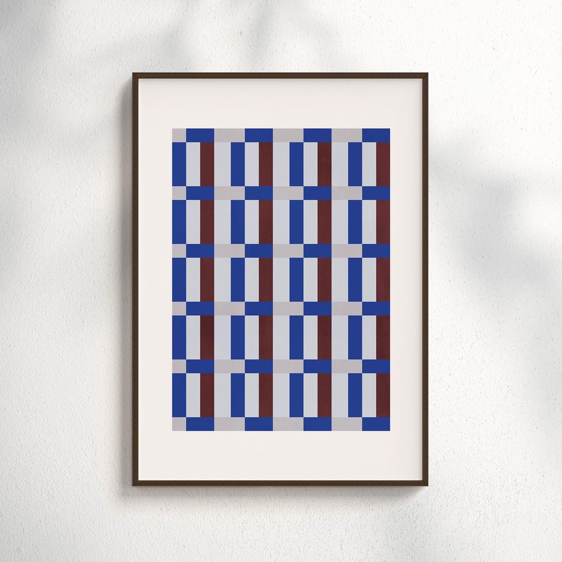 Bold Blue Red Checkered Grid Modern Woven Geometric Art Print