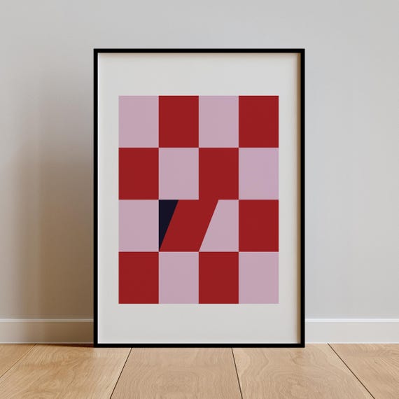 Red Checkered Abstract Art Modern Geometric Poster Minimal Pink Contemporary Decor Bold Graphic Illustration
