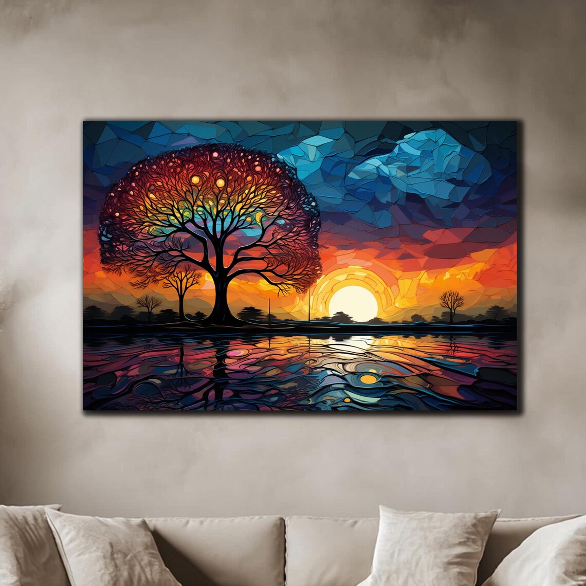 Tree of Life Stained Glass Mosaic Sunset Lake Reflection Art Poster