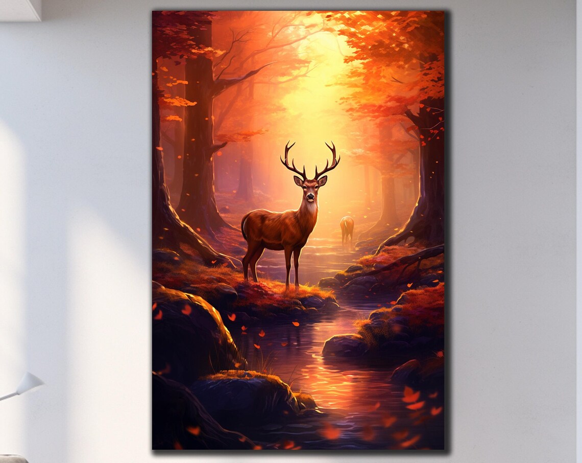 Stag Glass Wall Art Autumn Forest Red Orange Foliage Sunset Stream Decor Print
