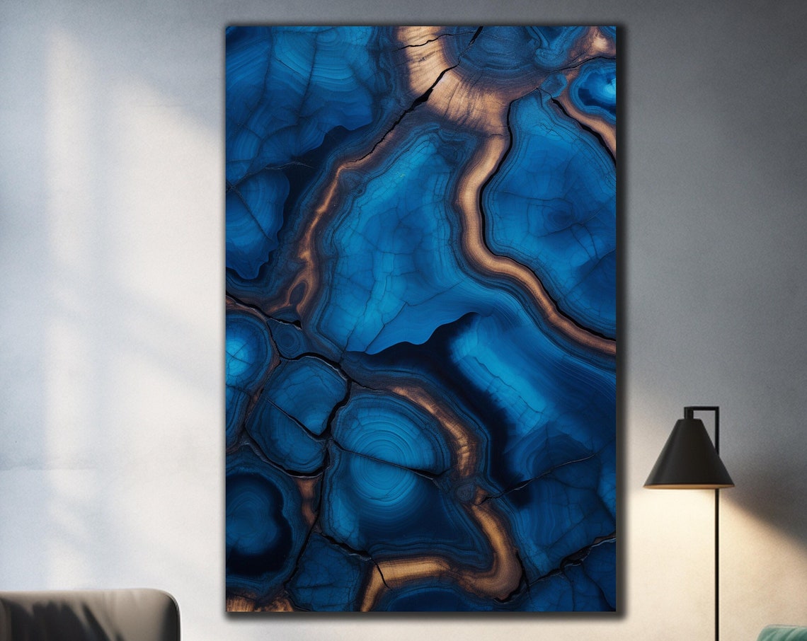 Blue Agate Geode Epoxy Art Gold Accent Luxury Abstract Wall Poster
