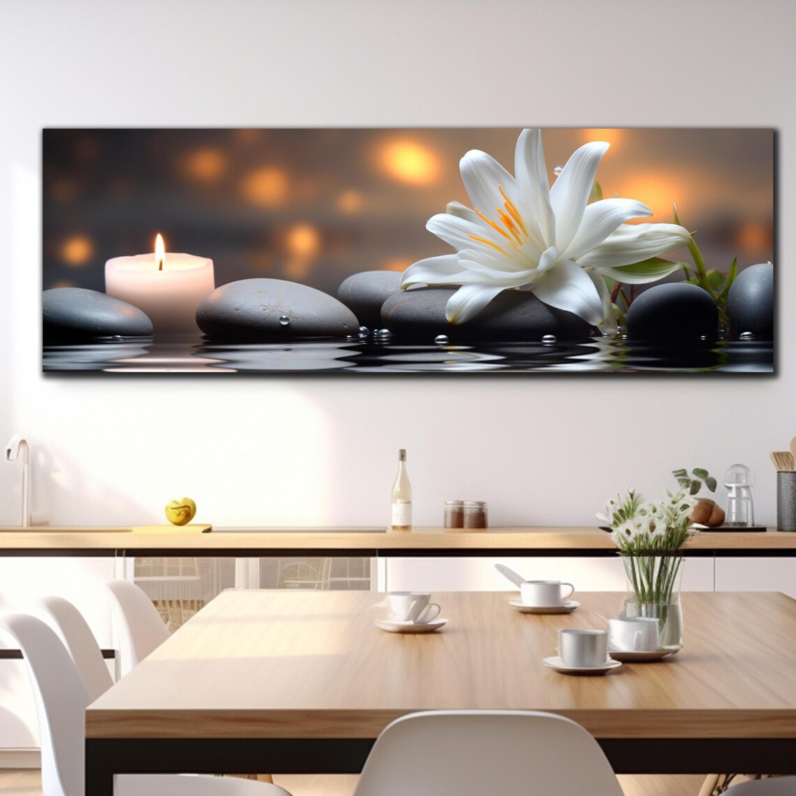 White Lily Candle Zen Stones Dark Water Glow Panoramic Wall Art