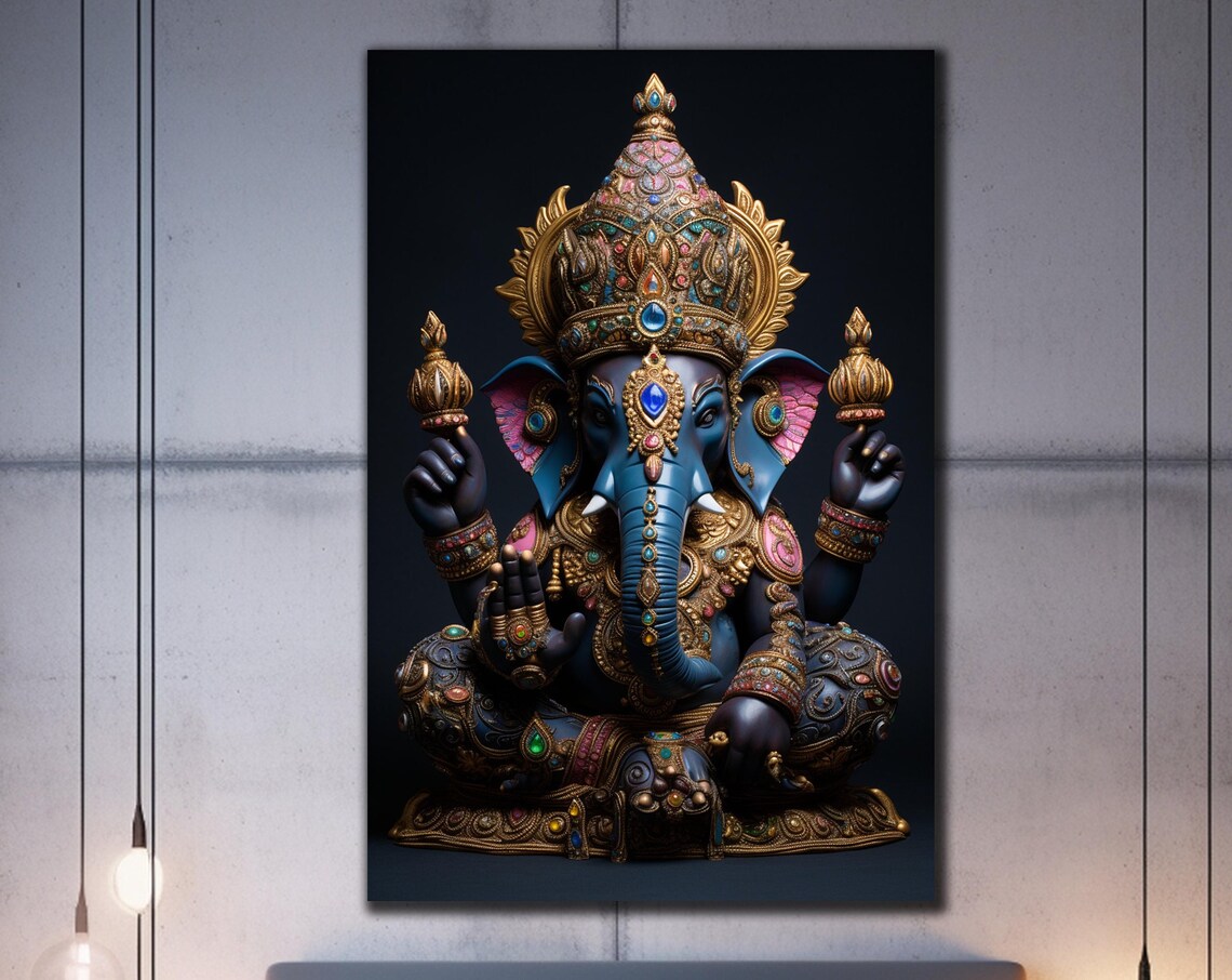 Lord Ganesha Sapphire Blue Golden Crown Sacred Blessing Art Poster