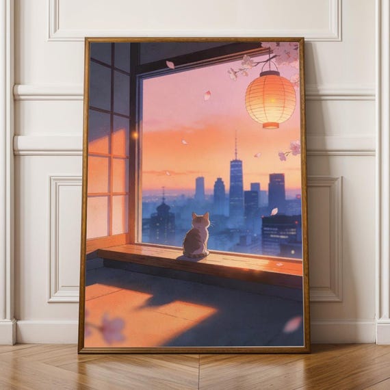 Cat On Windowsill Japandi Sunset City Skyline Poster Nature Landscape Print Japanese Decor