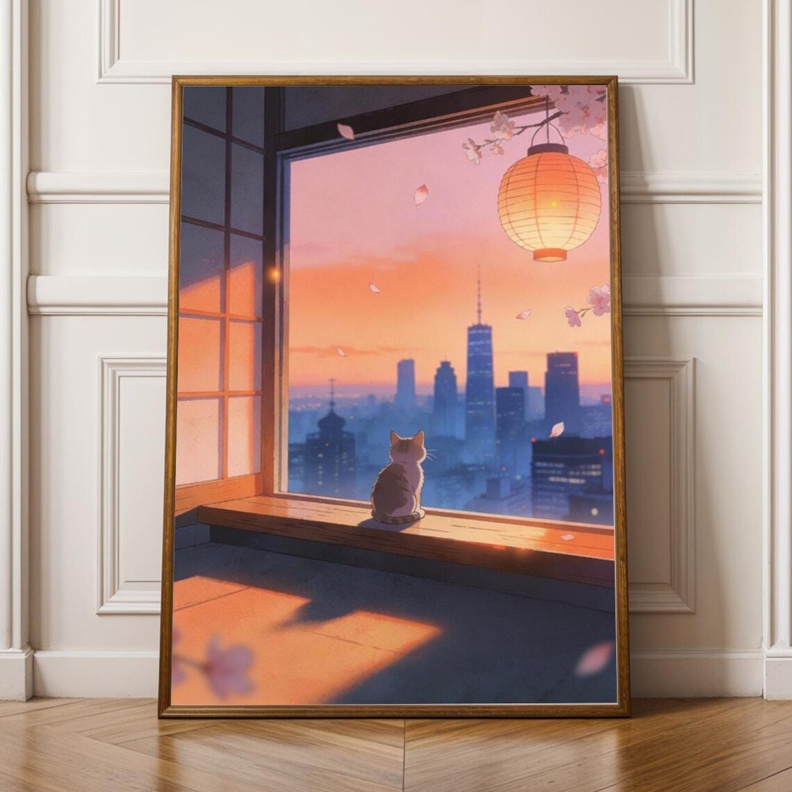 Cat on Windowsill Japandi Sunset City Skyline Cherry Blossom Lantern Poster