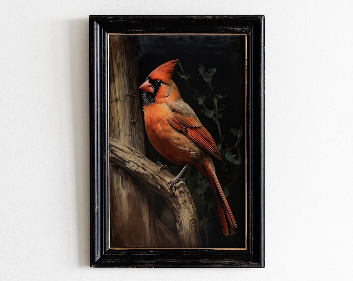Vintage Northern Cardinal Oil Painting Red Bird Portrait Art Print