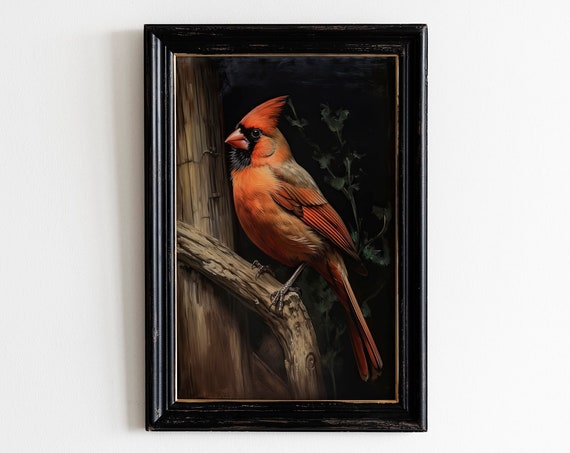 Vintage Cardinal Bird Print Antique Bird Wall Art Moody Vintage Decor Living Room Art Oil Painting