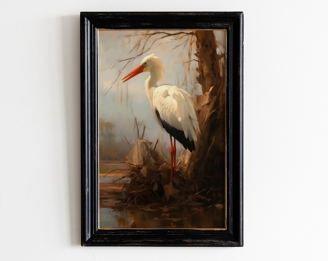 White Stork in Autumn Wetland Vintage Wildlife Painting Poster