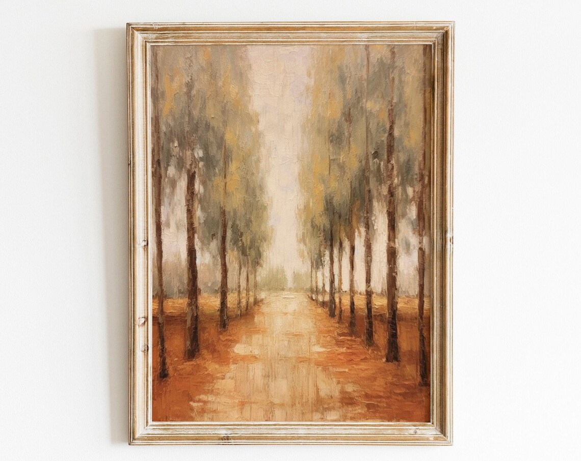 Classic Serene Autumn Tree Lined Avenue Roadway Oil Painting Poster