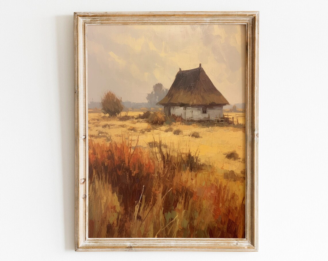 Thatched Roof Cottage Golden Field Vintage Farmhouse Art Print
