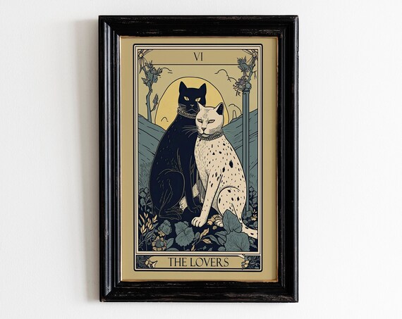The Lovers Tarot Card Black White Cats Boho Witchy Vintage Art Poster