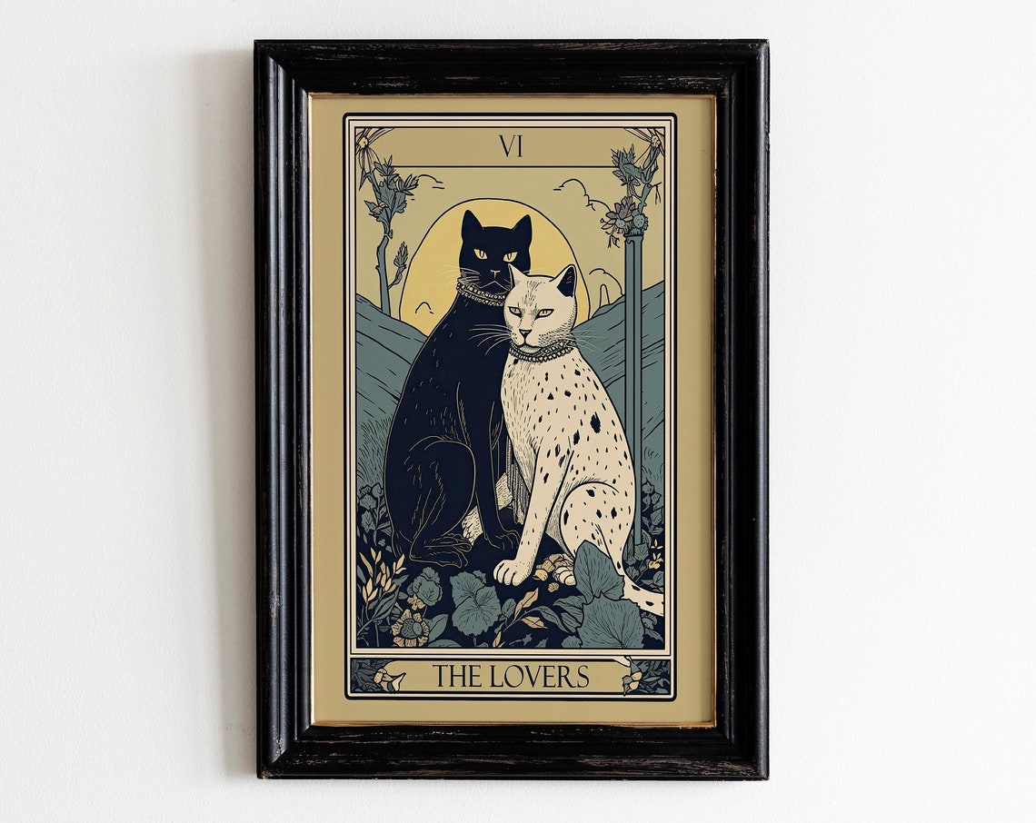 The Lovers Tarot Card Black White Cats Boho Witchy Vintage Art Poster